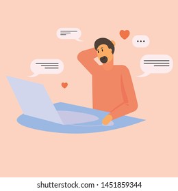 Breaded man sitting at laptop romantic chatting with partner on internet. Searching lover on dating application or website. Smiling boy trying to find girlfriend online in distance. Flat vector