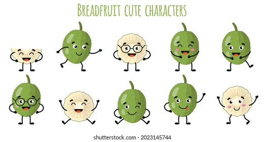 Frutos de pan adorables personajes alegres con diferentes poses y emociones. Recogida de alimentos antioxidantes de vitamina natural. Dibujo vectorial aislado. Concepto de niños.