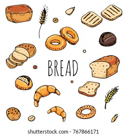 BreadHand drawn doodles of cartoon food: rye bread, ciabatta, whole grain bread, bagel, sliced bread, french baguette, croissant, sandwich, cake. Bread set. Vector illustration. Sketch elements