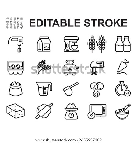 Breadmaking icon set. Thin line vectors. Contains icons such as wheat, dough, eggs, and more.