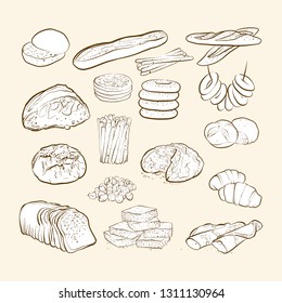 breads and bakery icons, hand-drawn vector illustration