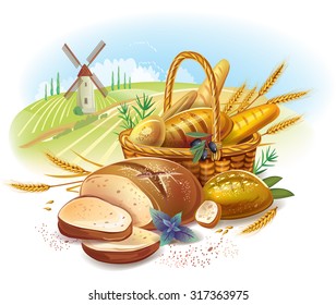 Breads in basket against country landscape