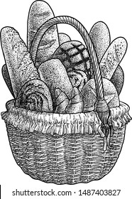 Breads in basket illustration, drawing, engraving, ink, line art, vector