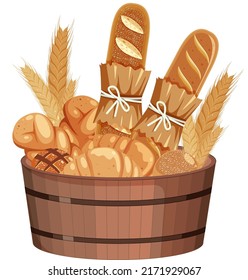 Breads in bucket on white background illustration