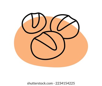 Breads doodle icon. Three minimalistic small buns on beige background. Graphic element for printing on fabric. Fashion, trend and style. Aesthetics and elegance. Cartoon flat vector illustration