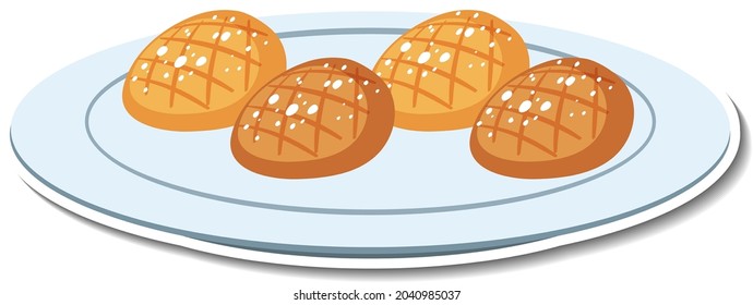 Breads on plate sticker on white background illustration