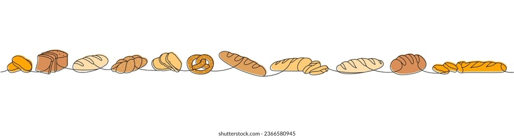 Breads one line colored continuous drawing. Whole grain bread, pretzel, ciabatta, croissant, bagel, french baguette continuous one line illustration.