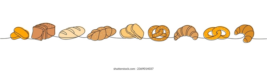 Breads one line colored continuous drawing. Pretzel, ciabatta, croissant, bagel, toast bread, french baguette continuous one line illustration.