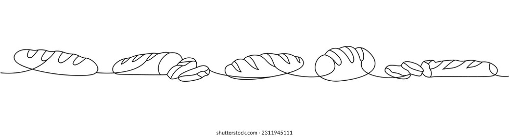 Breads one line continuous drawing. Whole grain and wheat bread, ciabatta, french baguette continuous one line illustration.