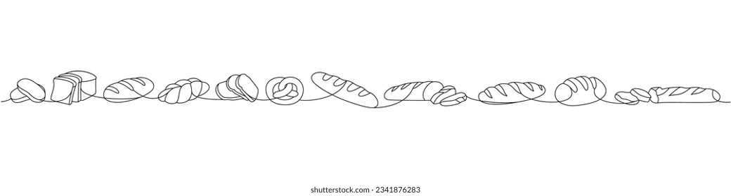 Breads one line continuous drawing. Whole grain bread, pretzel, ciabatta, croissant, bagel, french baguette continuous one line illustration.