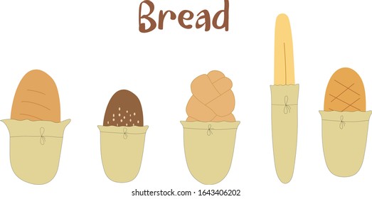 Breads in a paper bag. Loaf, bread braid, baguette in the papers package. Vector flat illustration on white background, clip art