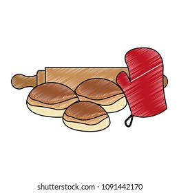 Breads with rolling pin and oven gloves scribble