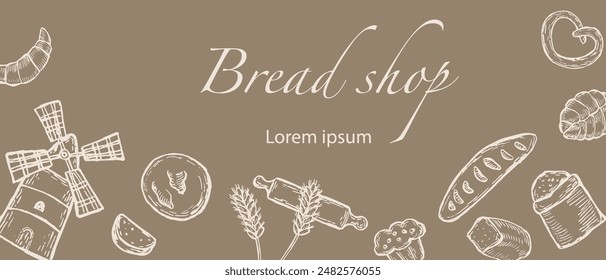 Breads shop banner in retro style. Engraved elements background for bakery. Tasty baked food sketched. Breads sketch banner.