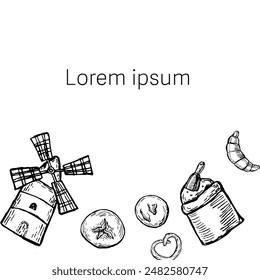 Breads shop banner in retro style. Engraved elements background for bakery. Tasty baked food sketched. Breads sketch banner.