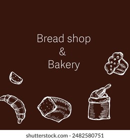 Breads shop banner in retro style. Engraved elements background for bakery. Tasty baked food sketched. Breads sketch banner.