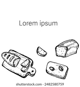 Breads shop banner in retro style. Engraved elements background for bakery. Tasty baked food sketched. Breads sketch banner.