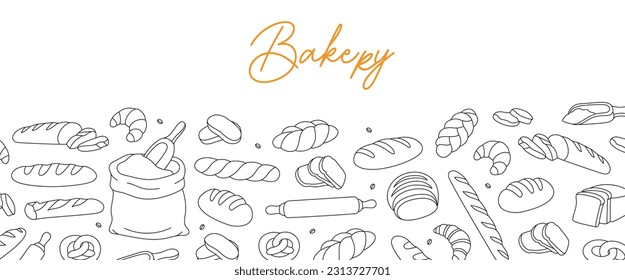 Pancarta de esquema de la tienda de panadería. Fondo horizontal para el diseño del menú de panadería. Pan de trigo, pretzel, ciabatta, cruasán, baguette francesa.