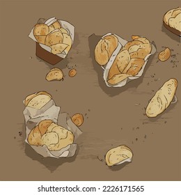 Breads. Sliced ​​Bread. Bread wrapped in paper.  Illustration Vector Cartoon Drawing