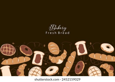 Breads vector illustration background pattern. Baking, bakery, cooking, sweet products, pastries concept. Vector illustrations pattern background for posters, banners, cards, and advertisements.