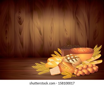 Breads and wheat on dark wooden background vector illustration