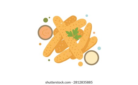 Breadsticks served with side bowls of dip sauce and garnished with fresh green parsley leaves.
