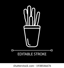 Breadsticks white linear icon for dark theme. Cafe bread snack. Restaurant appetizer. Thin line customizable illustration. Isolated vector contour symbol for night mode. Editable stroke