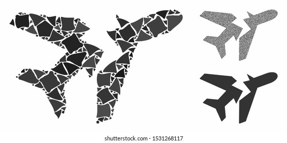 Break airplane composition of trembly items in various sizes and color tinges, based on break airplane icon. Vector trembly items are united into collage.