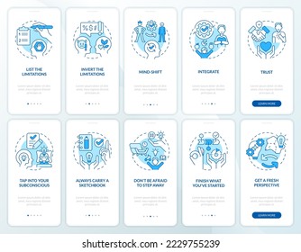 Break barriers blue onboarding mobile app screen set. Creative block walkthrough 5 steps editable graphic instructions with linear concepts. UI, UX, GUI template. Myriad Pro-Bold, Regular fonts used