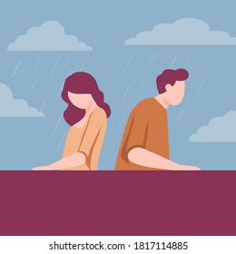 Break up between man and woman illustration. Girl guy characters sadly sit back to each other angry problems and disagreement withposition collapsing vector relationships.
