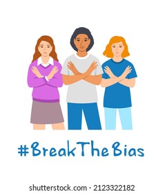 Break The Bias Campaign. Diverse Women Stand With Crossed Arms To Stop Gender Discrimination And Fight Stereotypes. People Equality Movement Of 2022 International Women’s Day. Flat Vector Illustration