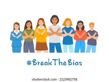 Break The Bias Campaign. Diverse Women Stand With Crossed Arms To Stop Gender Discrimination And Fight Stereotypes. People Equality Movement Of 2022 International Women Day. Flat Vector Illustration