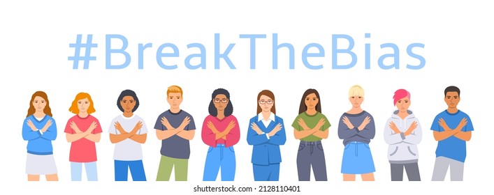 Break The Bias Campaign. Diverse Women And Men Stand With Crossed Arms Pose To Stop Gender Discrimination And Fight Stereotypes. People Equality Movement. International Women Day. Flat Illustration