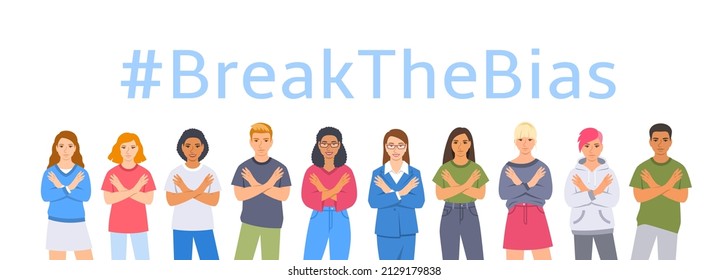 Break the bias campaign. Smiling diverse women and men stand with crossed arms pose to stop gender discrimination and fight stereotypes. People equality movement. 2022 International Women Day.