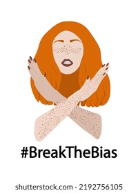 Break the bias concept Head of redhaired woman with freckles crosses their arms in protest Women's gesture against discrimination Vector illustration isolated on white background