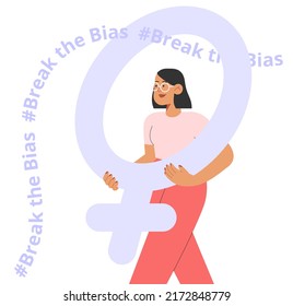 Break the bias. Flat vector illustration with young woman carrying the female sign. Concept of women's rights movement or gender equal or women's equality or international women's day.