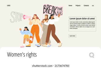 Break The Bias. Flat Vector Illustration With Group Of Women Of Different Nationalities Advocating For Women's Rights. Concept Of Gender Equal Or Women's Equality. International Women's Day.