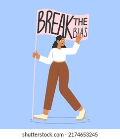 Break the bias. Flat vector illustration with young black woman stand up for women's rights. Concept of girl power. International women's day.