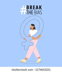 Break the bias. Flat vector illustration with young woman stand up for women's rights. Concept of girl power. International women's day.