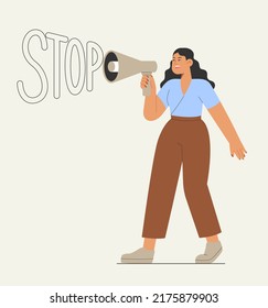 Break the bias. Flat vector illustration with young woman speaking into a loudspeaker. Concept of girl power or women's rights.