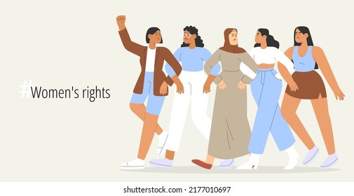 Rompe el prejuicio. Ilustración vectorial plana con grupos de mujeres de diferentes nacionalidades defienden los derechos de la mujer. Concepto de igualdad de género. Día internacional de la mujer o mes de historia de la mujer.