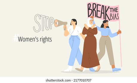 Break The Bias. Flat Vector Illustration With Group Of Women Of Different Nationalities Stand Up For Women's Rights. Concept Of Gender Equal. International Women's Day Or Women's History Month.