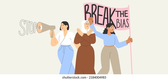 Break the bias. Flat vector illustration with group of women of different nationalities stand up for women's rights. Concept of gender equal. International women's day or women's history month.