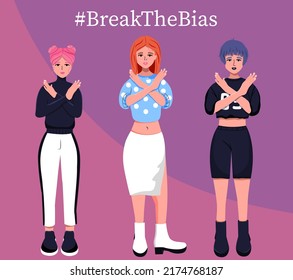 break the bias. Girls show that they are against stereotypes and rules. Vector stock illustration. Characters. Cartoon