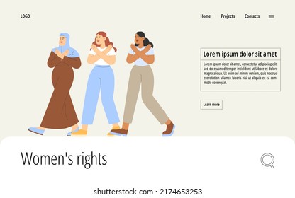 Break the bias. Human Rights - Women's rights. Flat vector illustration with group of women crossed their arms. Concept of international women's day.