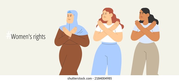 Break the bias. Human Rights - Women's rights. Flat vector illustration with group of women crossed their arms. Concept of international women's day.