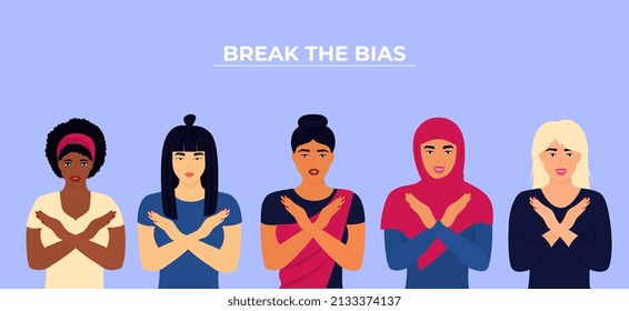 Break The Bias. International Women's Day. Group Of Diverse Girls With Crossed Arms