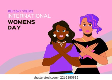 Break the bias. International Womens day. 8th March. Concept for equality. group of young women of different ethnic group with cross their arms in protest. Vector.