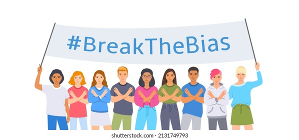 Break The Bias Pose. Diverse Women And Men Stand With Crossed Arms And Banner To Stop Gender Discrimination And Fight Stereotypes. People Equality Movement. International Womens Day. Flat Illustration