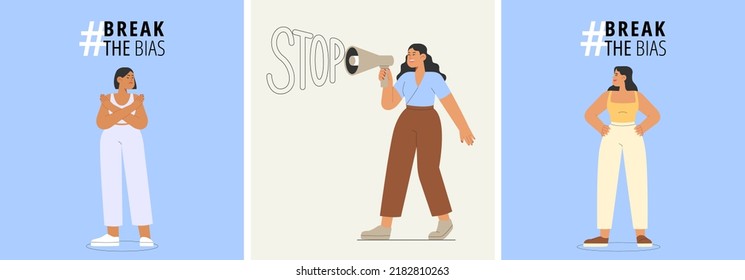 Break the bias set. Flat vector illustration with young women stand up for women's rights. Concept of girl power. International women's day.