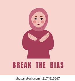 Break the bias trendy illustration with muslim hijabi woman
hands crossed. Women equality concept, break stereotype
towards all women.